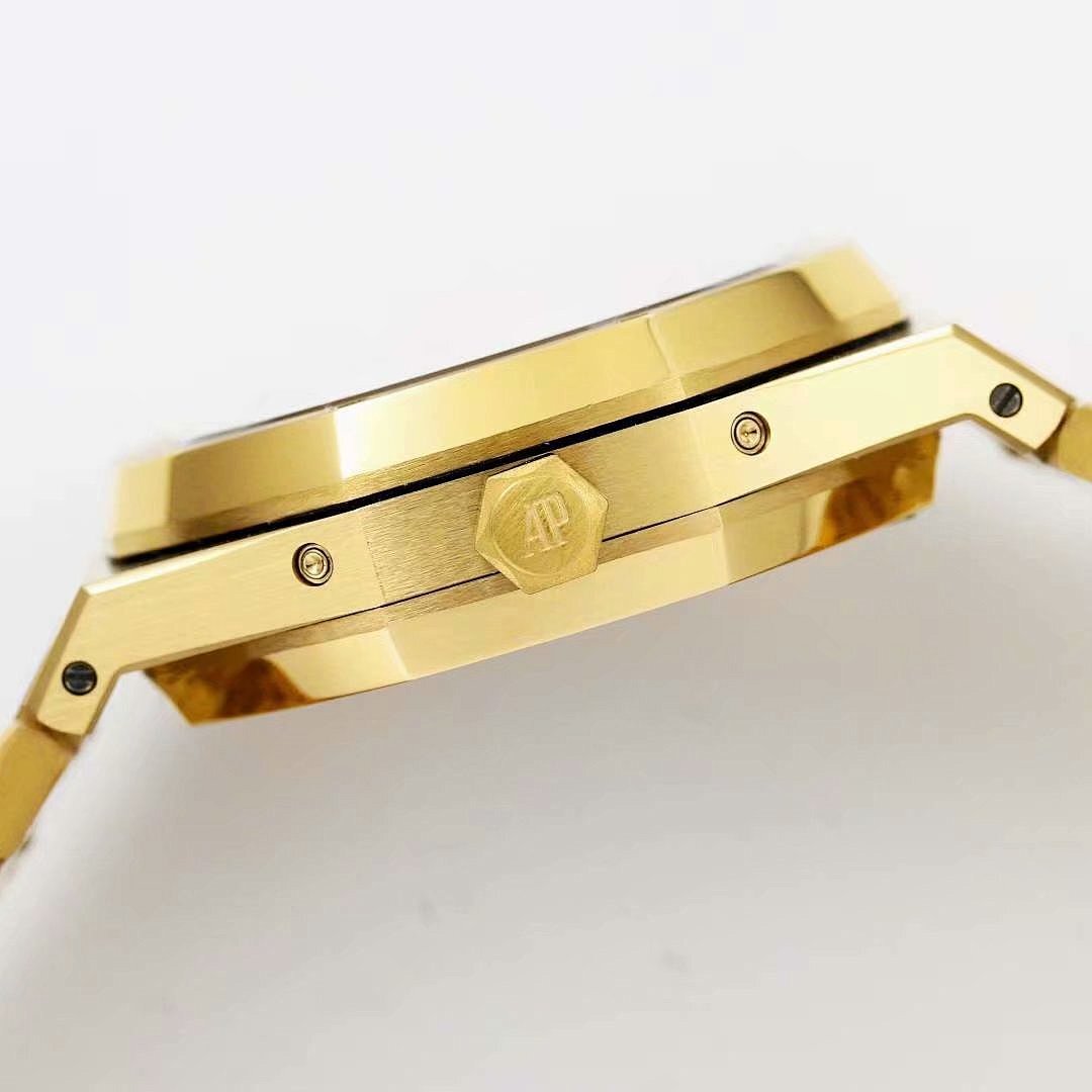 Audemars Piguet wristwatch caseback side with engraved emblem on bracelet