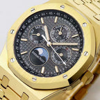 Audemars Piguet wristwatch face close-up with black dial and silver hands