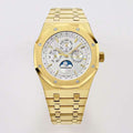 Gold-tone Audemars Piguet wristwatch with white dial, gold hands, metal link bracelet