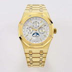 Gold-tone Audemars Piguet wristwatch with white dial, gold hands, metal link bracelet