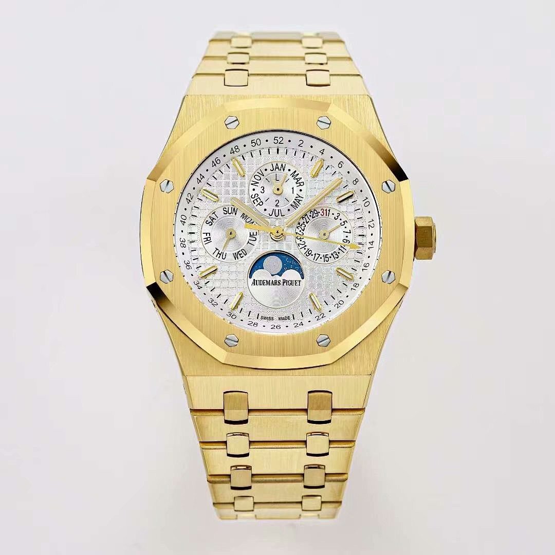 Gold-tone Audemars Piguet wristwatch with white dial, gold hands, metal link bracelet