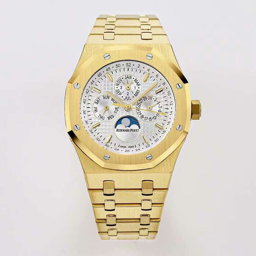 Gold-tone Audemars Piguet wristwatch with white dial, gold hands, metal link bracelet