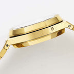Gold-tone watch case profile with polished bezel and round crown, metal bracelet