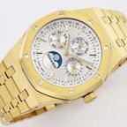 Gold-tone Audemars Piguet watch face with white dial, multiple subdials and date markers