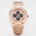 Audemars Piguet rose gold-tone wristwatch with multi-complication dial and link bracelet.