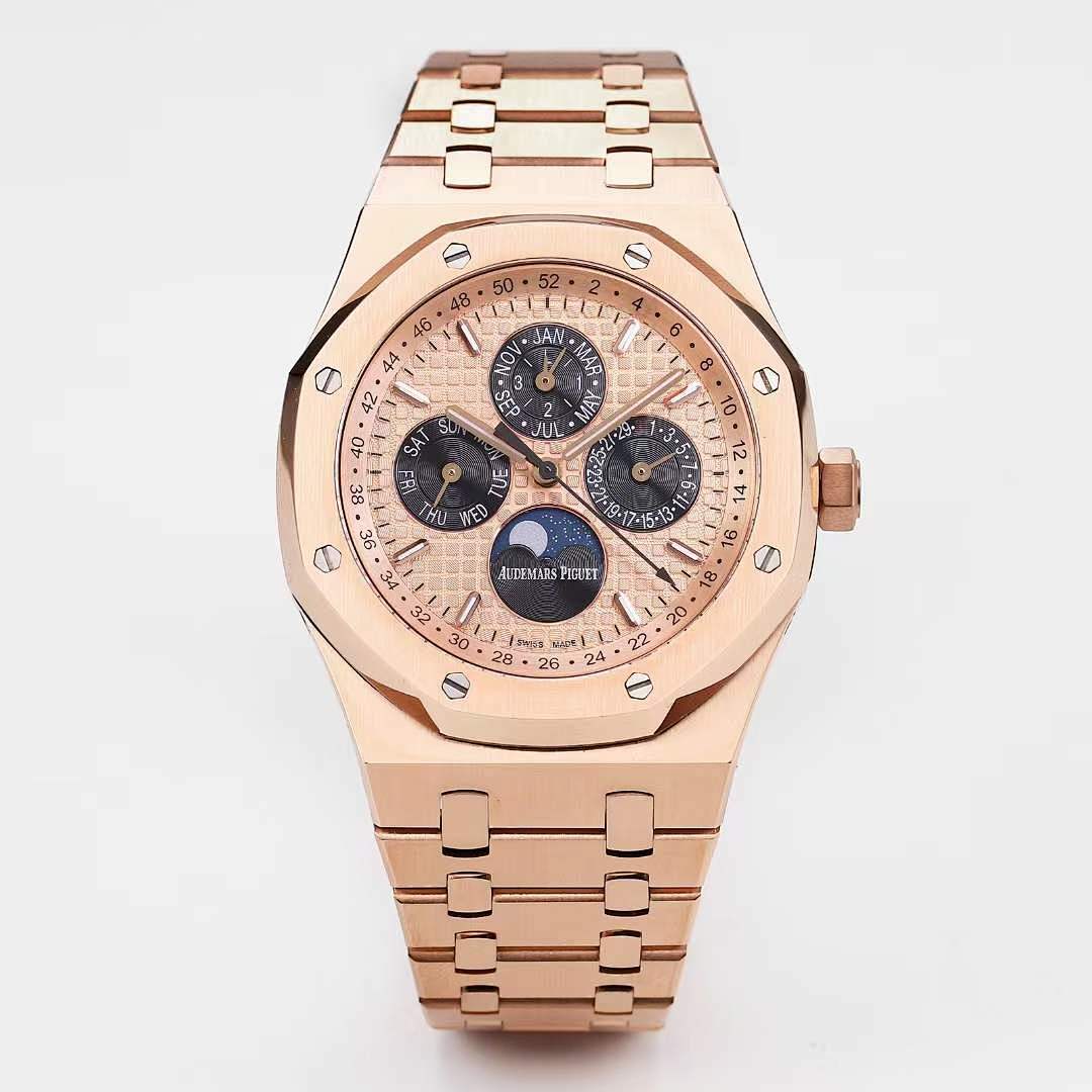 Audemars Piguet rose gold-tone wristwatch with multi-complication dial and link bracelet.