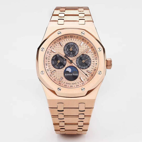 Audemars Piguet rose gold-tone wristwatch with multi-complication dial and link bracelet.