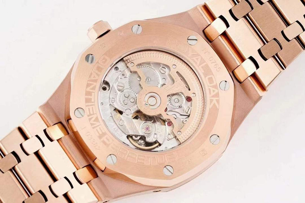 Audemars Piguet rose gold-tone watch case with visible mechanical movement through open dial.