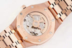 Audemars Piguet rose gold-tone watch case with visible mechanical movement through open dial.