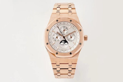 Rose gold Audemars Piguet wristwatch with white dial and three subdials