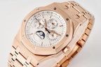 Rose gold wristwatch with white dial, subdials, and calendar markings