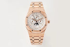 Rose gold Audemars Piguet wristwatch with white dial and three subdials