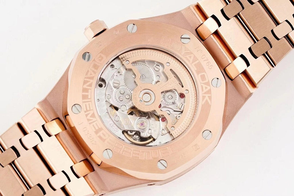 Rose gold-tone watch case with see-through dial cover and mechanical movement visible.