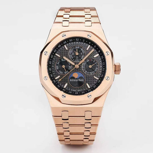 Audemars Piguet rose gold watch with black dial and linked metal bracelet