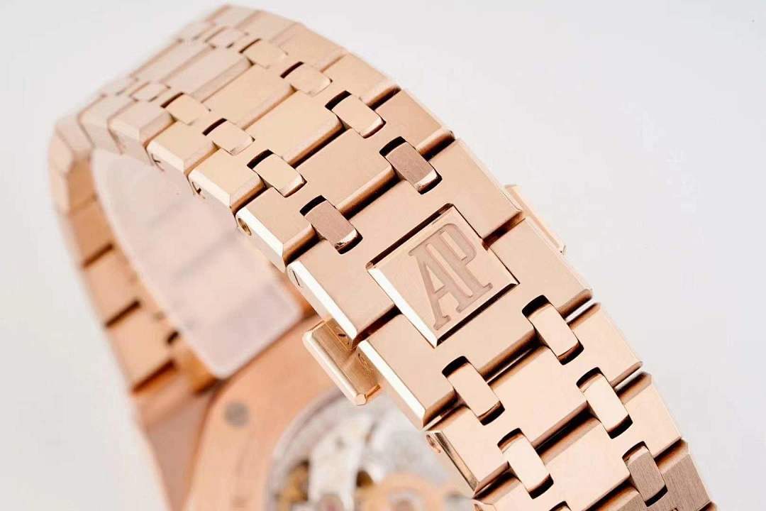 Audemars Piguet rose gold bracelet with raised AP logo on the link