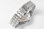 Audemars Piguet steel wristwatch showing clasp and crown on blue dial