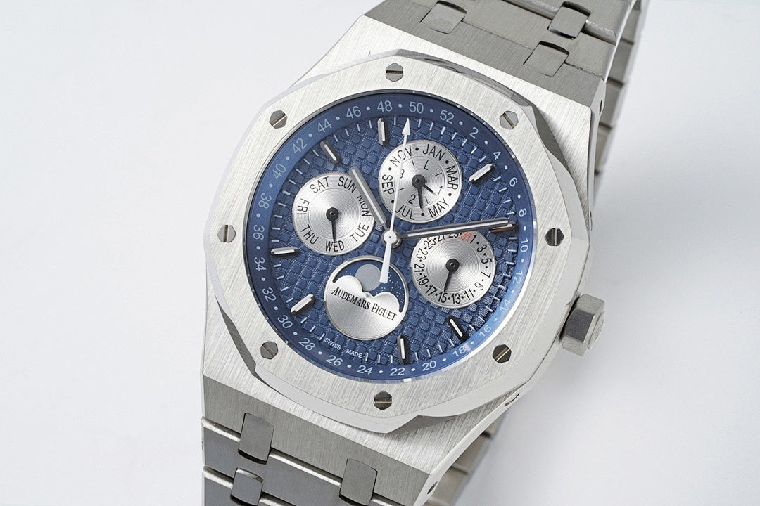 Audemars Piguet blue dial steel wristwatch with subdials and visible crown