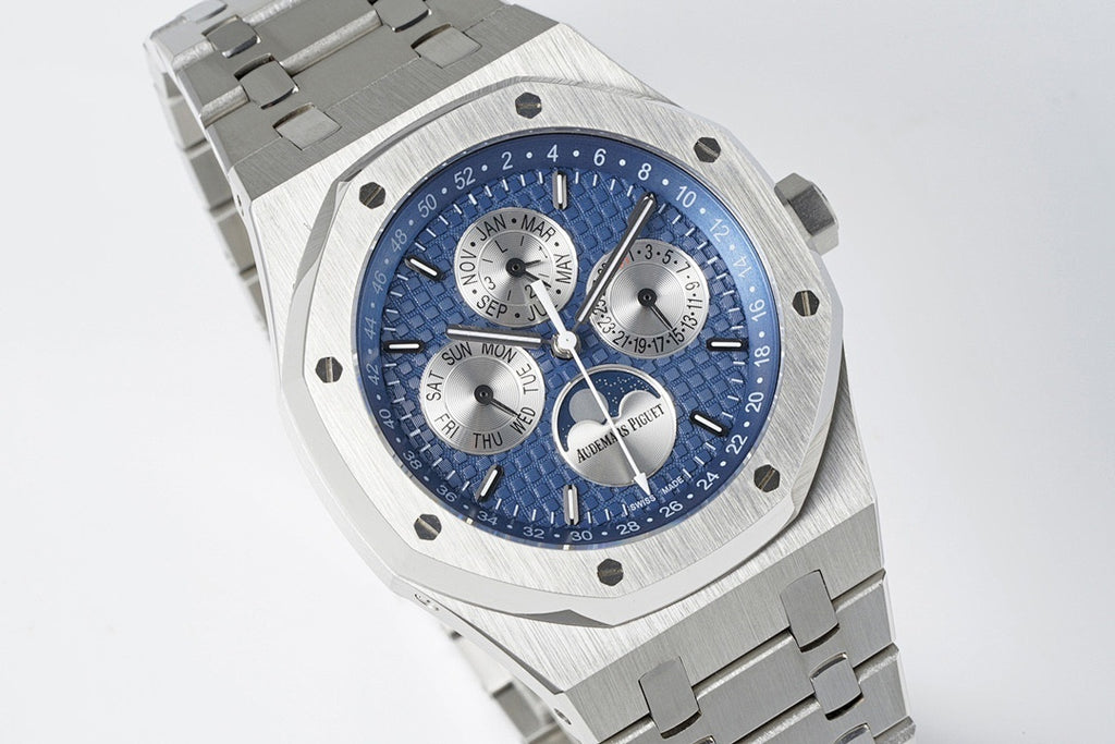 Audemars Piguet blue dial steel wristwatch with chronograph subdials and bracelet
