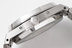 Audemars Piguet steel watch case close-up with crown and side accents