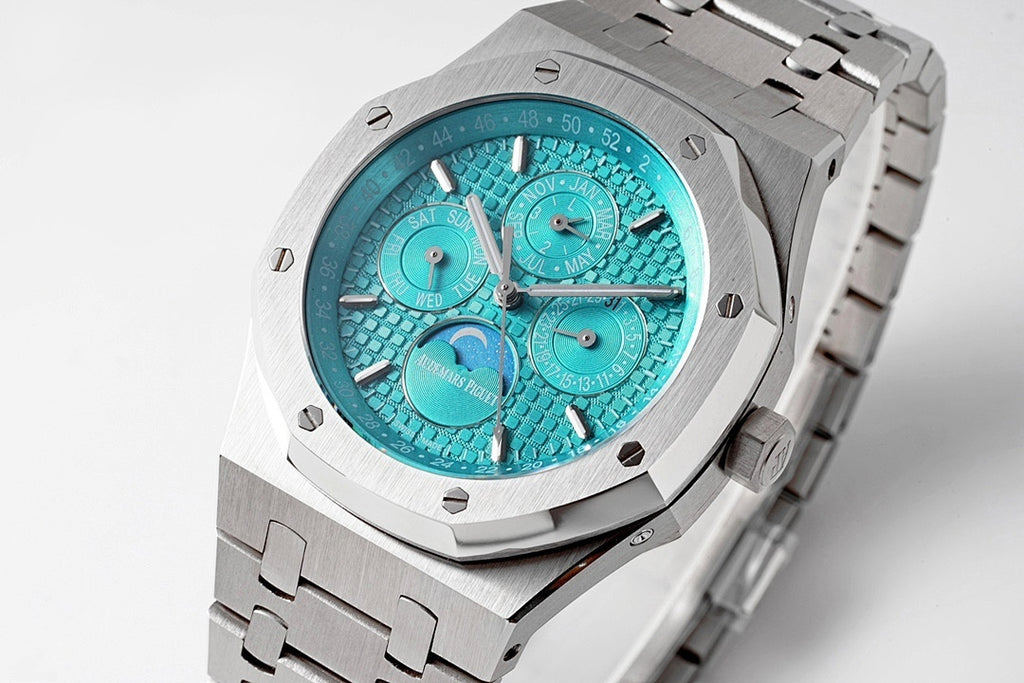 Audemars Piguet steel watch face close angle with teal textured dial