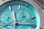 Audemars Piguet watch dial close-up with teal guilloche pattern and hour markers