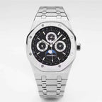 Audemars Piguet Royal Oak watch with black dial and steel bracelet