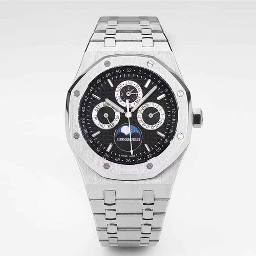 Audemars Piguet Royal Oak watch with black dial and steel bracelet