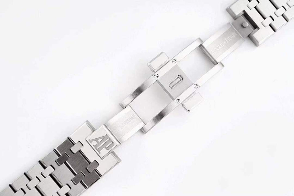 Steel watch bracelet with clasp detail and engraved letter A