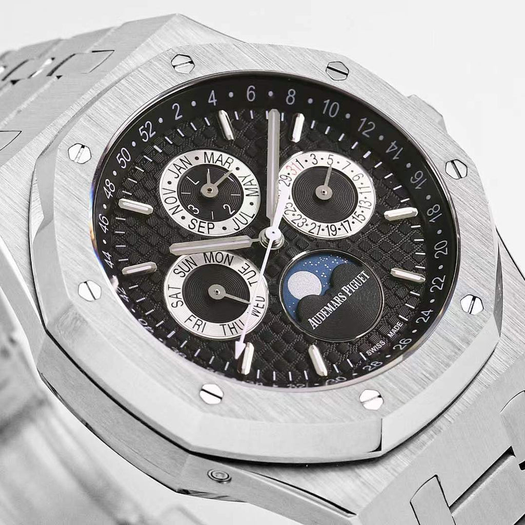 Audemars Piguet Royal Oak watch close-up with black dial and subdials