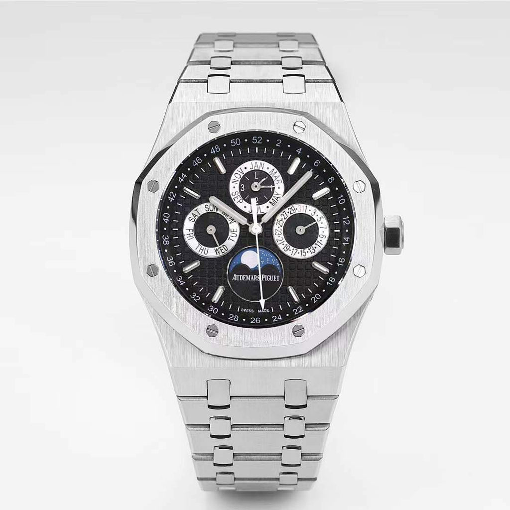 Audemars Piguet Royal Oak watch on steel bracelet with black dial