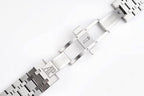 Stainless steel watch bracelet clasp with rectangular links and engraved detail