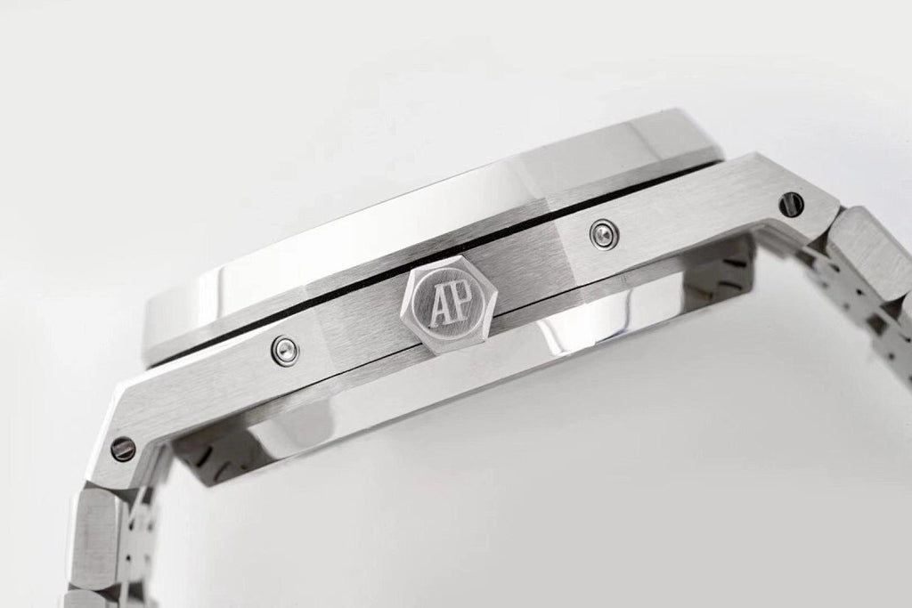 Stainless steel watch case side with AP logo medallion center