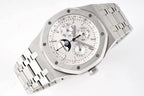 Stainless steel watch with white dial, multiple subdials, and date text
