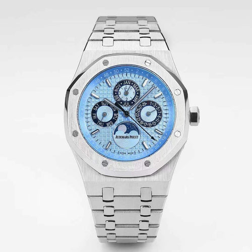Stainless steel wristwatch with blue dial, multiple subdials, and link bracelet band