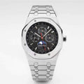 Audemars Piguet Royal Oak watch with black dial, silver metal bracelet, chronograph subdials