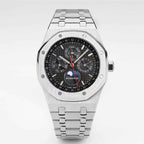Audemars Piguet Royal Oak watch with black dial, silver metal bracelet, chronograph subdials