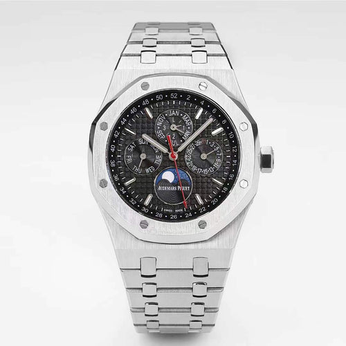 Audemars Piguet Royal Oak watch with black dial, silver metal bracelet, chronograph subdials