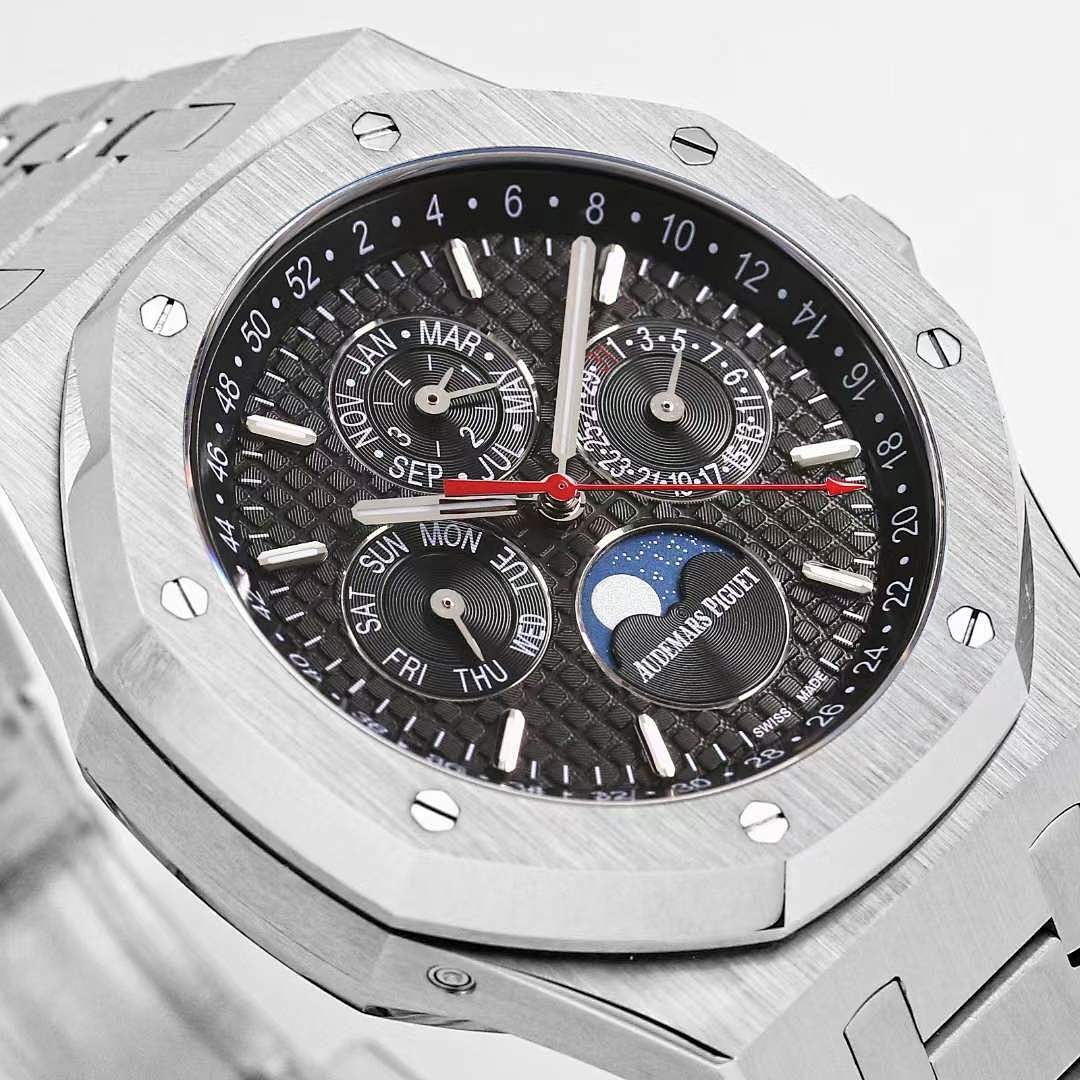 Royal Oak watch dial close-up with black dial, red seconds hand, and date-style subdial