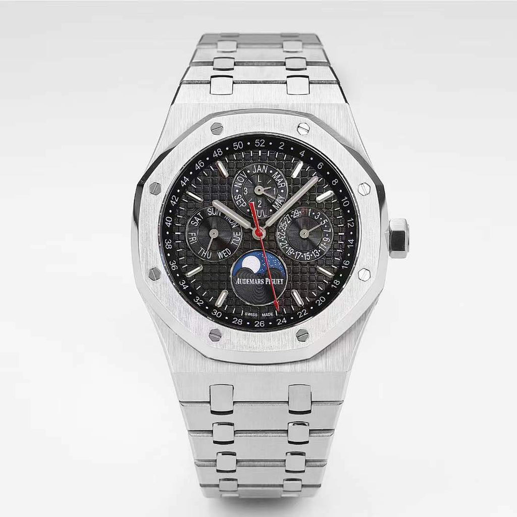 Royal Oak watch front view with black dial, silver metal bracelet, and chronograph subdials