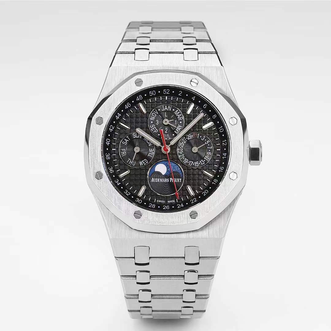 Royal Oak watch front view with black dial, silver metal bracelet, and chronograph subdials