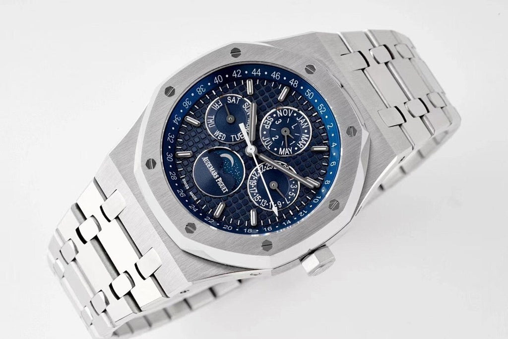 Audemars Piguet Royal Oak watch angled view with blue dial and steel bracelet