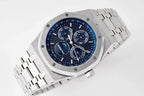 Audemars Piguet Royal Oak watch angled view with blue dial and steel bracelet