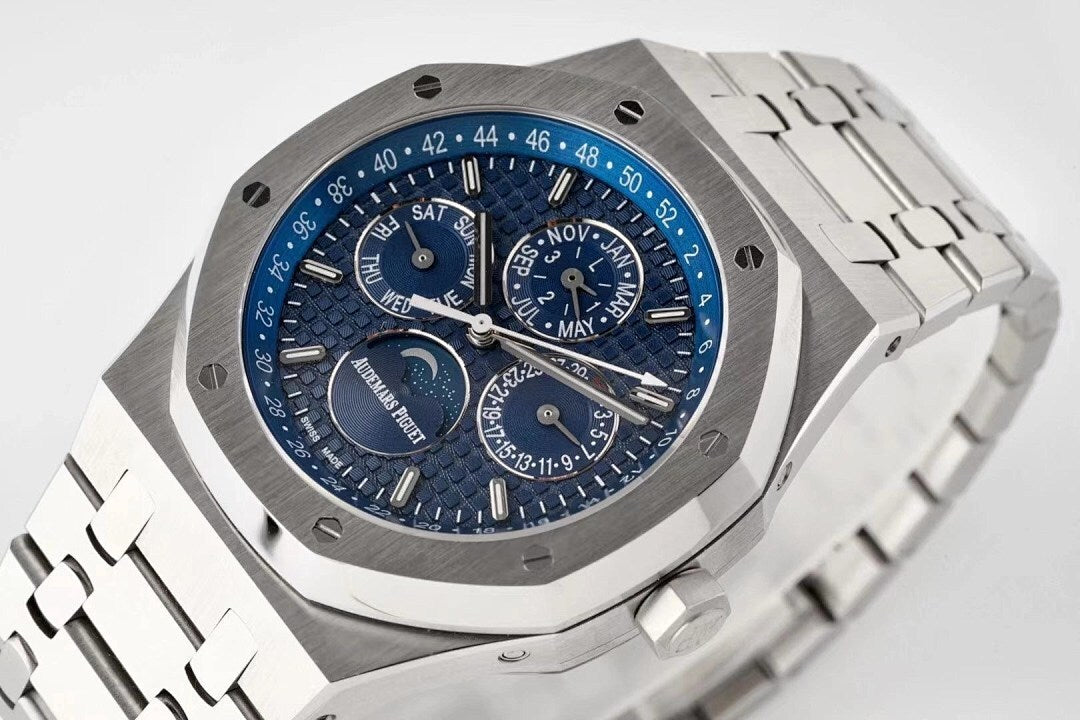 Audemars Piguet Royal Oak watch close-up of blue dial with subdials