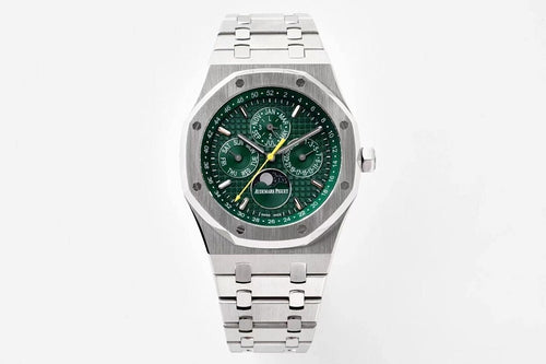 Stainless steel sport watch with green dial and metal bracelet, octagonal case