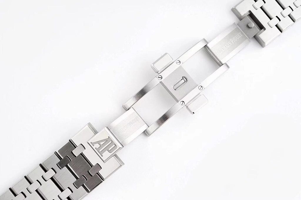 Stainless steel watch bracelet with clasp and engraved link design