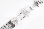 Stainless steel watch bracelet with clasp and engraved link design