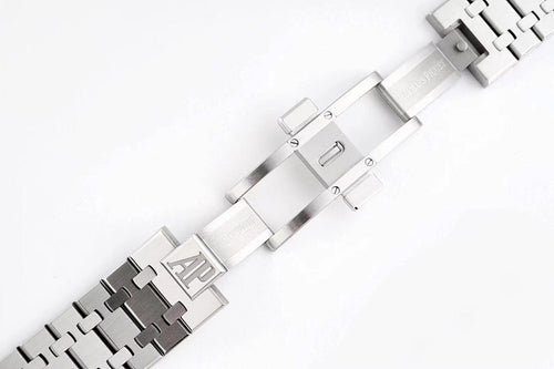 Stainless steel watch bracelet with clasp and engraved link design