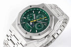 Octagonal stainless steel watch with green dial and linked bracelet, angled view
