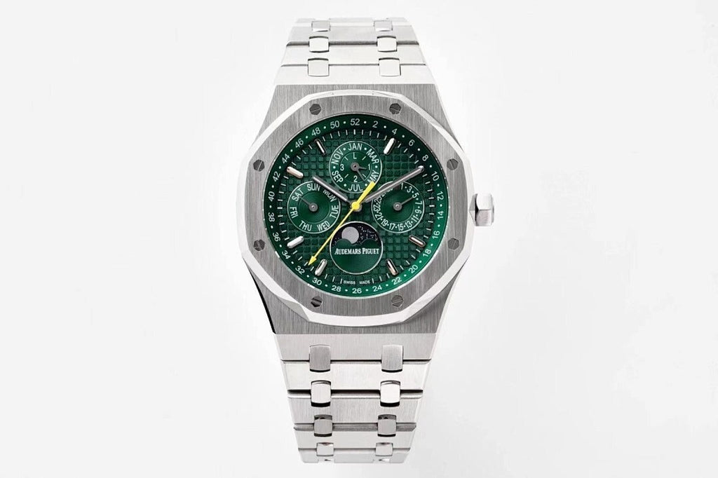 Stainless steel sport watch with green dial and bracelet, straight-on view