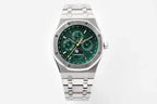 Stainless steel sport watch with green dial and bracelet, straight-on view